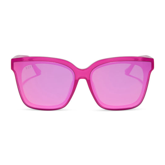 diff eyewear featuring the meredith ii square sunglasses with a bright pink tulip frame and pink mirror lenses front view
