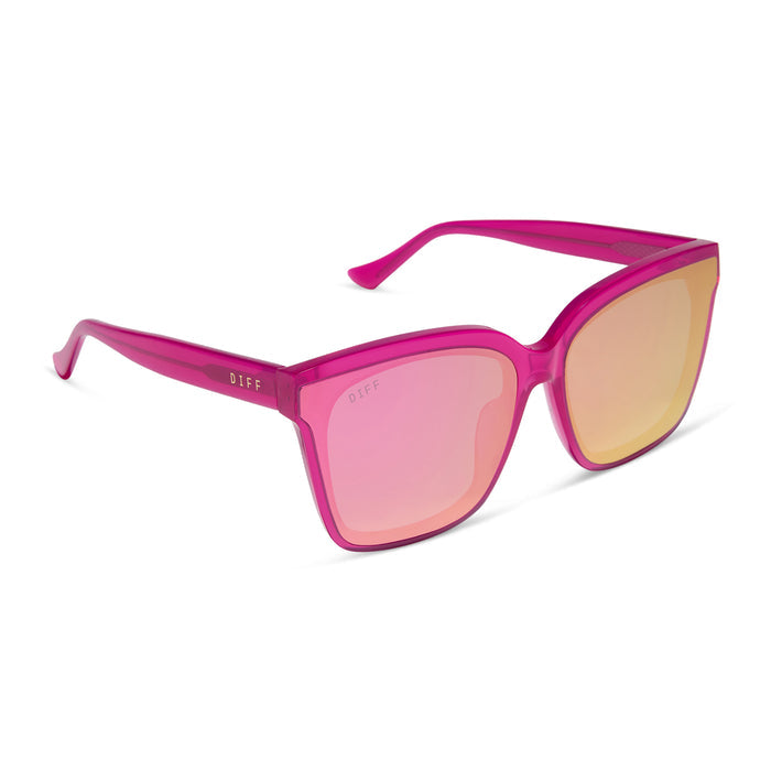 diff eyewear featuring the meredith ii square sunglasses with a bright pink tulip frame and pink mirror lenses angled view