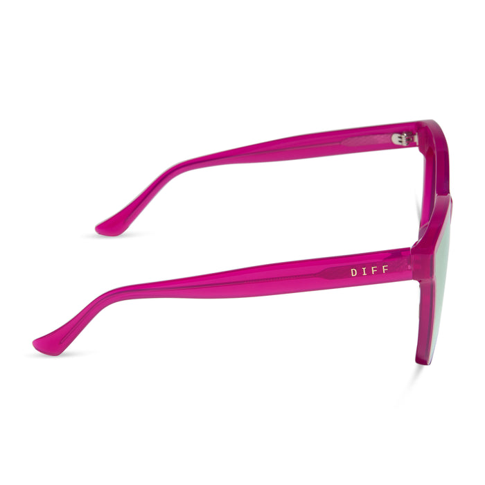 diff eyewear featuring the meredith ii square sunglasses with a bright pink tulip frame and pink mirror lenses side view
