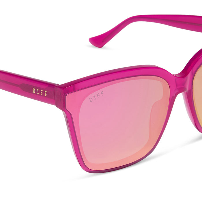 diff eyewear featuring the meredith ii square sunglasses with a bright pink tulip frame and pink mirror lenses detailed view