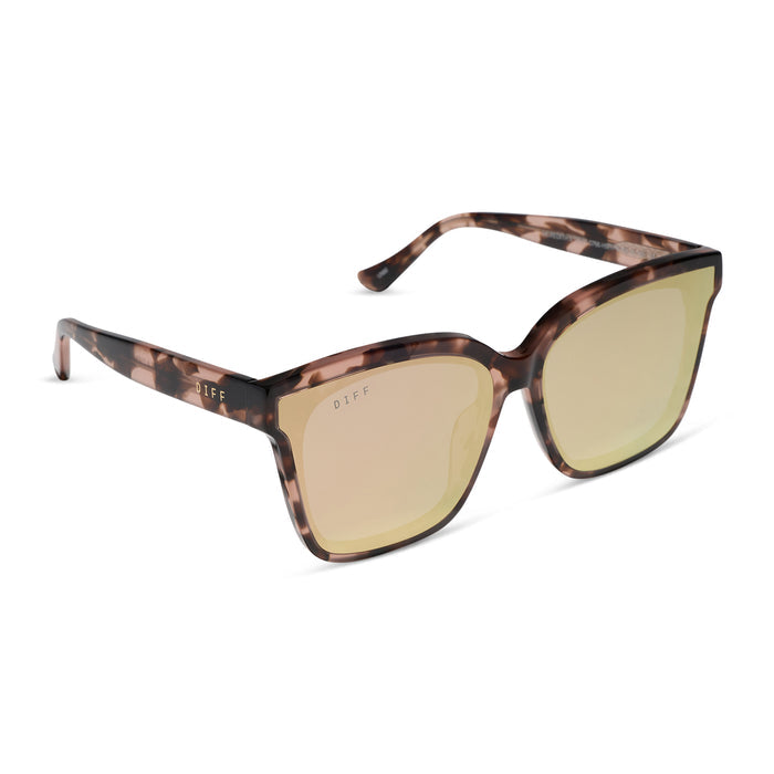diff eyewear featuring the meredith ii square sunglasses with a himalyan tortoise frame and taupe mirror lenses angled view