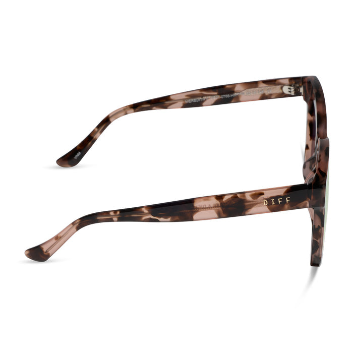 diff eyewear featuring the meredith ii square sunglasses with a himalyan tortoise frame and taupe mirror lenses side view