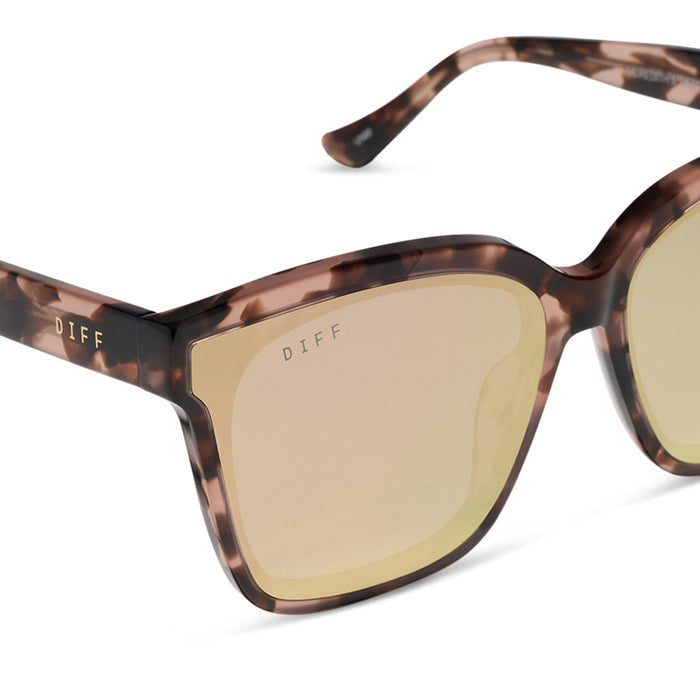 diff eyewear featuring the meredith ii square sunglasses with a himalyan tortoise frame and taupe mirror lenses detailed view