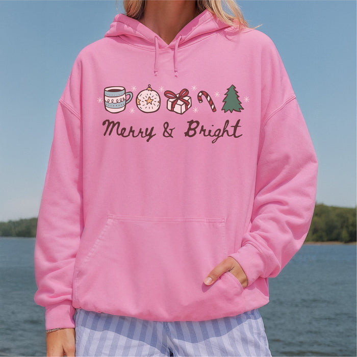 Merry & Bright Hoodie - The Bean Workshop - Christmas Hoodie, Cozy Christmas, Cozy Holiday Hoodie for Book Lovers, Festive Doodle Pullover, Festive Icons, Gift for Readers, Hand-Drawn, Holiday Apparel, Hoodie, Loungewear, Merry and Bright Christmas Hoodie, Minimalist Holiday, Winter Wear