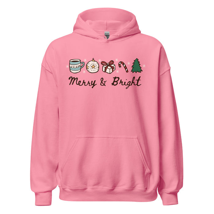 Merry & Bright Hoodie - The Bean Workshop - Christmas Hoodie, Cozy Christmas, Cozy Holiday Hoodie for Book Lovers, Festive Doodle Pullover, Festive Icons, Gift for Readers, Hand-Drawn, Holiday Apparel, Hoodie, Loungewear, Merry and Bright Christmas Hoodie, Minimalist Holiday, Winter Wear