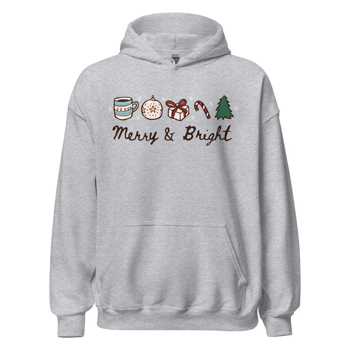 Merry & Bright Hoodie - The Bean Workshop - Christmas Hoodie, Cozy Christmas, Cozy Holiday Hoodie for Book Lovers, Festive Doodle Pullover, Festive Icons, Gift for Readers, Hand-Drawn, Holiday Apparel, Hoodie, Loungewear, Merry and Bright Christmas Hoodie, Minimalist Holiday, Winter Wear