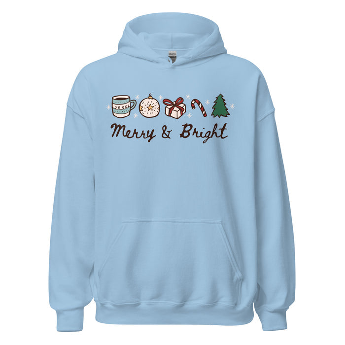 Merry & Bright Hoodie - The Bean Workshop - Christmas Hoodie, Cozy Christmas, Cozy Holiday Hoodie for Book Lovers, Festive Doodle Pullover, Festive Icons, Gift for Readers, Hand-Drawn, Holiday Apparel, Hoodie, Loungewear, Merry and Bright Christmas Hoodie, Minimalist Holiday, Winter Wear