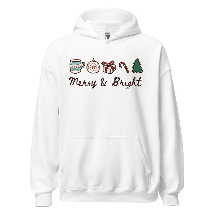 Merry & Bright Hoodie - The Bean Workshop - Christmas Hoodie, Cozy Christmas, Cozy Holiday Hoodie for Book Lovers, Festive Doodle Pullover, Festive Icons, Gift for Readers, Hand-Drawn, Holiday Apparel, Hoodie, Loungewear, Merry and Bright Christmas Hoodie, Minimalist Holiday, Winter Wear