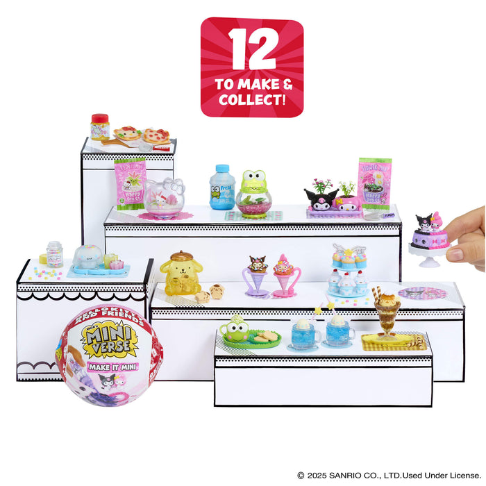 Miniature collectible figures with a display stand and '12 to make & collect' text.