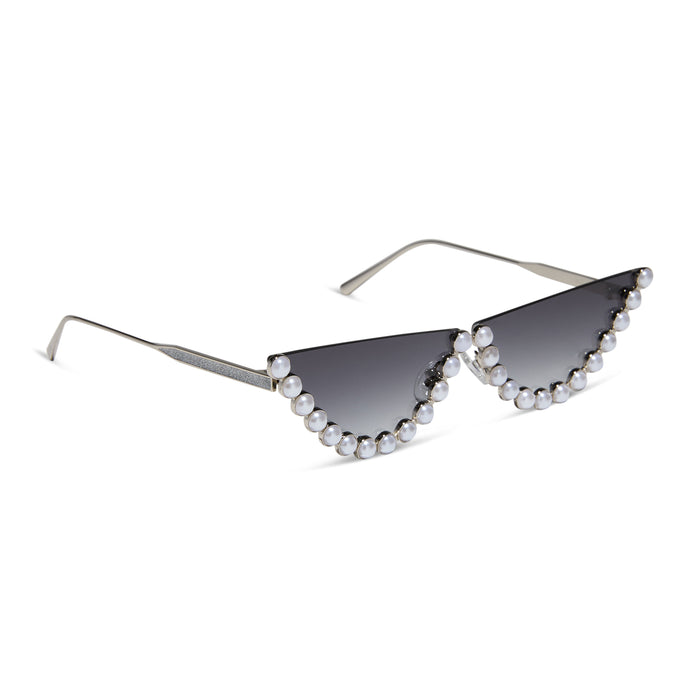 emily in paris x diff eyewear featuring the mindy 2.0 cateye sunglasses with a champagne pearl frame and grey gradient lenses angled view