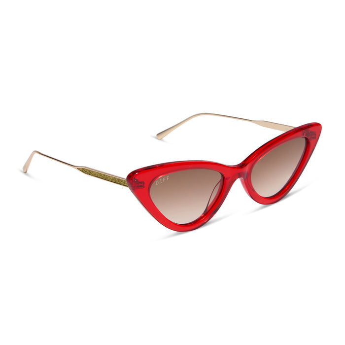 emily in paris x diff eyewear featuring the mindy 3.0 cateye sunglasses with a rouge vogue red frame and brown gradient lenses angled view