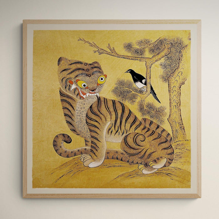 Minhwa Tiger and Magpie: Classic Korean 19th-Century Folk Painting Antique Bird Jungle Kawaii Wildlife Lion Leopard Poster Fine Art Print