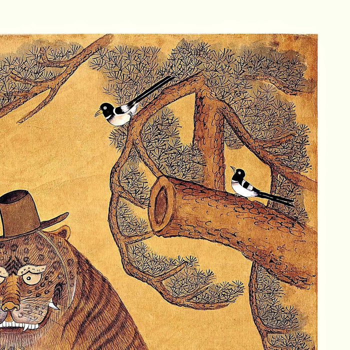 Minhwa Tiger Smoking a Pipe, with Magpies | Korean Folk Art Mythology | Kawaii Cute Fine Art Print
