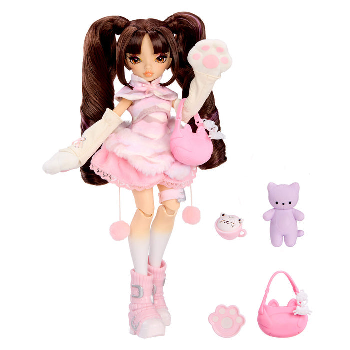 A doll with brown pigtails, wearing a fluffy pink dress and white boots, posed with accessories including a small purple plush, a pink cat-shaped accessory, a pink paw print, and a pink purse on a plain white background.