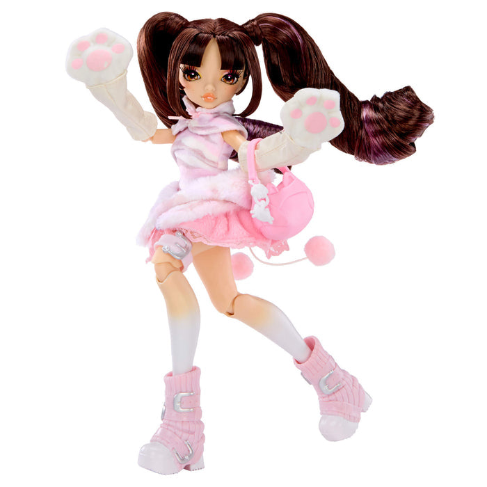 A fashion doll with long brown pigtails, wearing a pink and white outfit with fluffy paw-print gloves, a pink bag, and pink boots, posed against a plain white background.