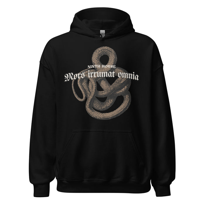 Mors Irrumat Omnia Hoodie - The Bean Workshop - Alex Stern cosplay, Book Lover Gift, Bookish hoodie, Bookworm Hoodie, Coiled Serpent Design, Dark academia style hoodie, Gift for fantasy book readers, Gothic Clothing, Leigh Bardugo fan merchandise, Lethe House, Literary Apparel, Mors Irrumat Omnia hooded sweatshirt, Ninth House hoodie