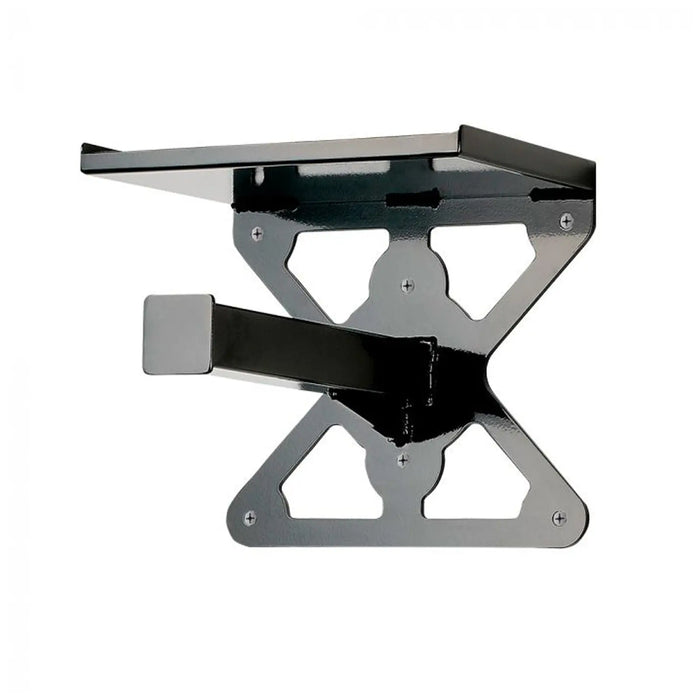 A wall-mounted shelf is positioned with a flat surface extending horizontally supported by a metallic bracket showcasing angular cutouts in a sleek shiny finish against a plain background.