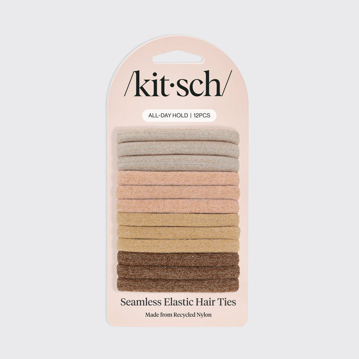 Kitsch Neutral Glitter Elastics 12pc Set in retail packaging showing all-day hold seamless hair ties made from recycled nylon in sage, blush, tan, and brown