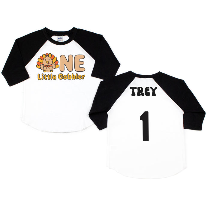 One Little Gobbler Fall-Themed Personalized 1st Birthday Raglan
