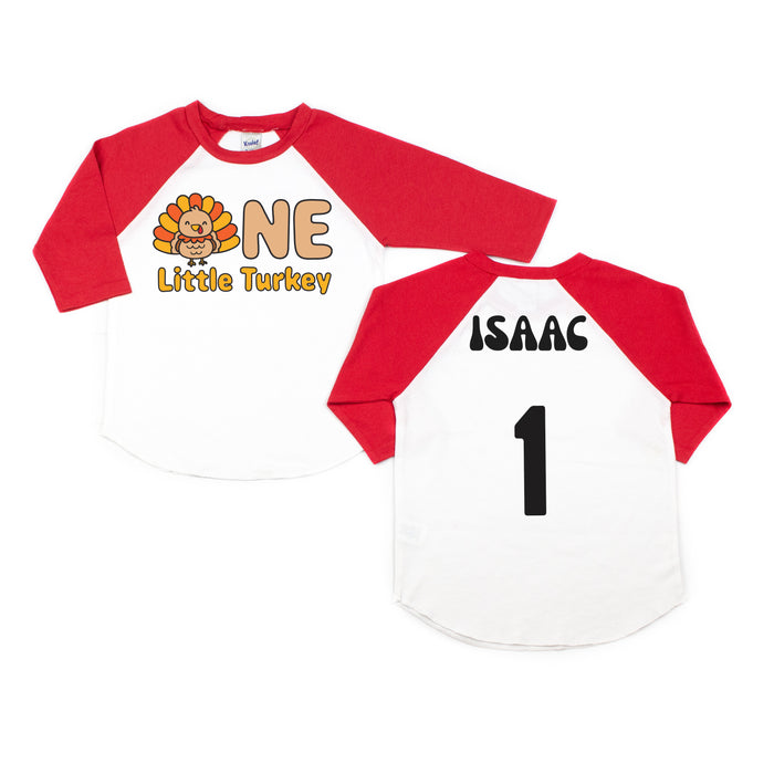 One Little Turkey Fall-Themed Personalized 1st Birthday Raglan