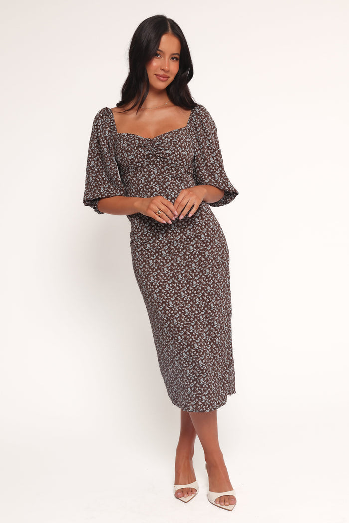 Petal and Pup USA DRESSES Oona Midi Dress - Brown Blue Floral