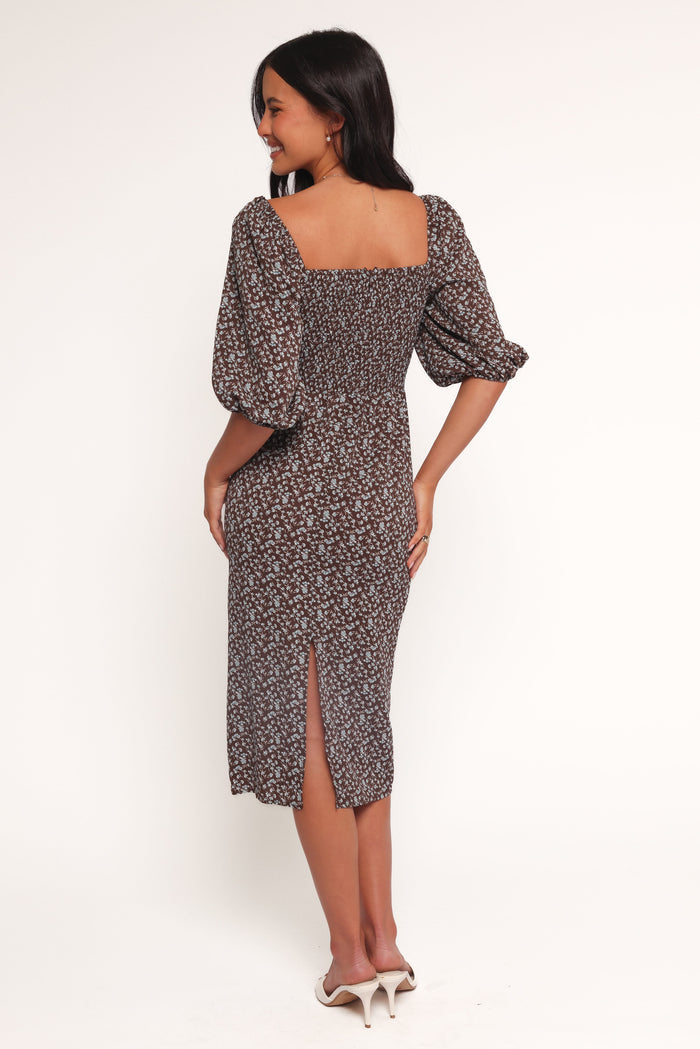 Petal and Pup USA DRESSES Oona Midi Dress - Brown Blue Floral