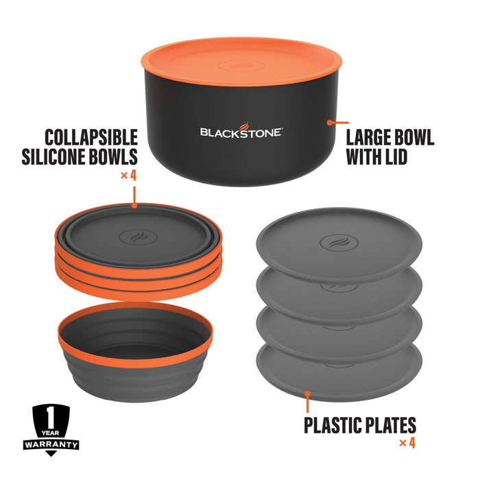 With 4 collapsible silicone bowls, 4 plates and large bowl with lid, you'll have what you need to prep and serve on the go.