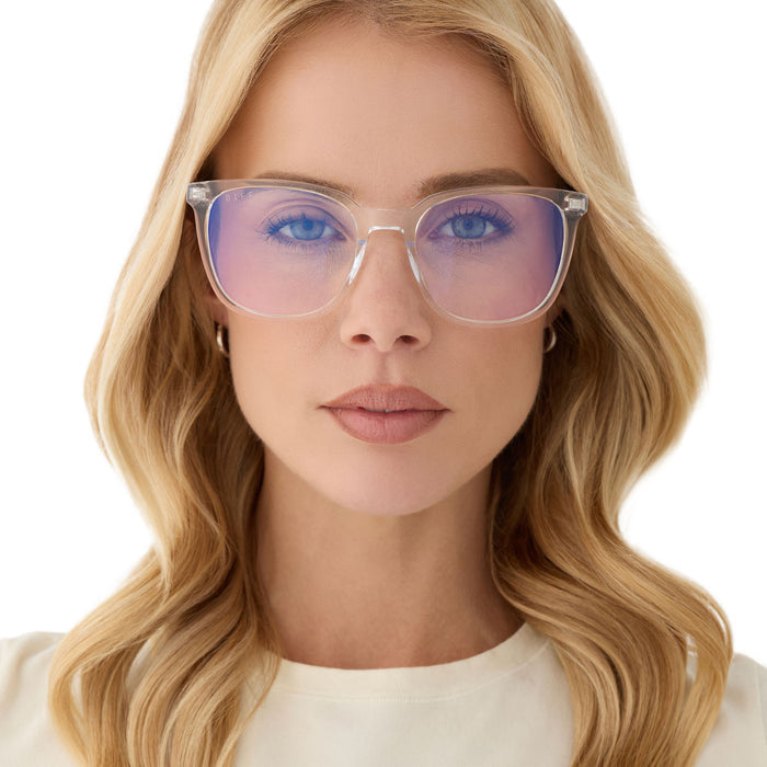 on model - blonde female wearing diff eyewear featuring the parker square blue light technology glasses with a clear frame front view