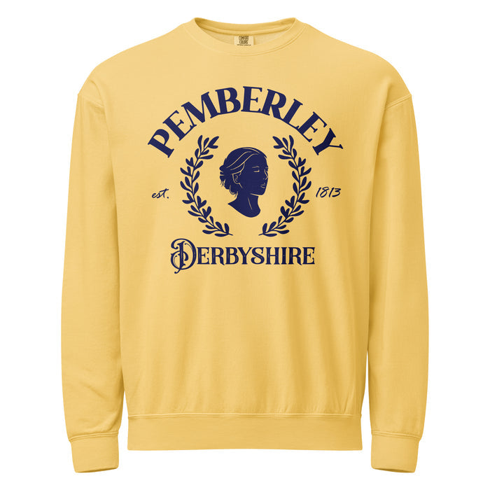 Pemberley Fleece Crewneck Sweatshirt - The Bean Workshop - Bookish Apparel, Classic Literature, Collegiate Logo, Cozy Reading, Gift for Librarian, Jane Austen, Janeite Fandom, Laurel Wreath Design, Old Money Aesthetic, Pemberley Varsity Style Sweatshirt, Pride and Prejudice, Sweatshirt, Vintage Derbyshire Literary Crewneck