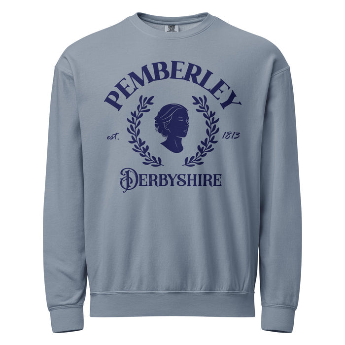 Pemberley Fleece Crewneck Sweatshirt - The Bean Workshop - Bookish Apparel, Classic Literature, Collegiate Logo, Cozy Reading, Gift for Librarian, Jane Austen, Janeite Fandom, Laurel Wreath Design, Old Money Aesthetic, Pemberley Varsity Style Sweatshirt, Pride and Prejudice, Sweatshirt, Vintage Derbyshire Literary Crewneck
