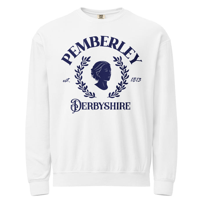 Pemberley Fleece Crewneck Sweatshirt - The Bean Workshop - Bookish Apparel, Classic Literature, Collegiate Logo, Cozy Reading, Gift for Librarian, Jane Austen, Janeite Fandom, Laurel Wreath Design, Old Money Aesthetic, Pemberley Varsity Style Sweatshirt, Pride and Prejudice, Sweatshirt, Vintage Derbyshire Literary Crewneck