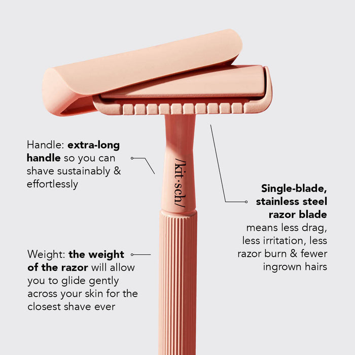 Perfect Glide Safety Razor showing key features including a smooth glide design and reusable razor handle.