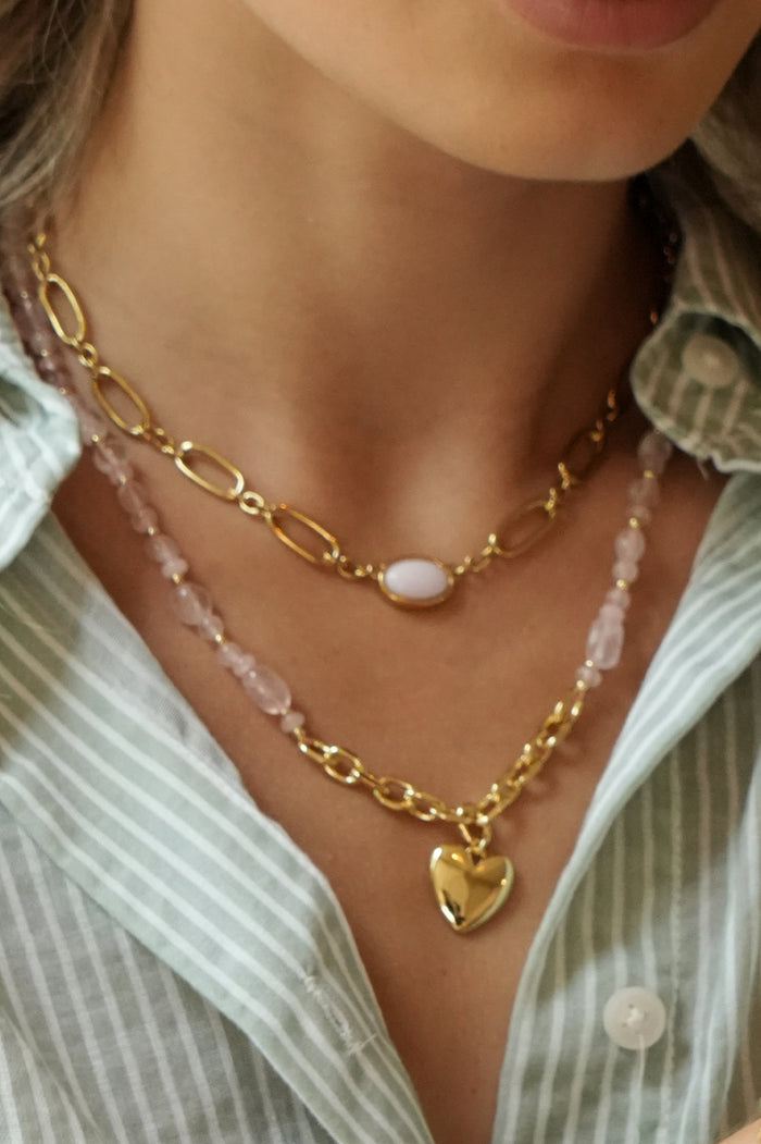 Pink Gemstone Heart Charm Necklace