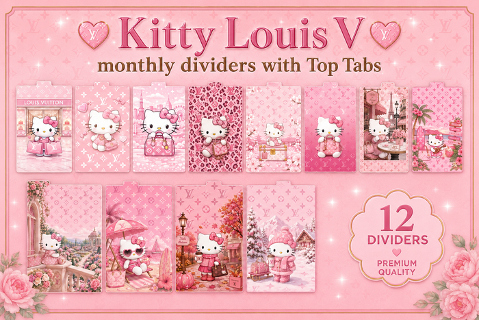 Pink Kitty Louis V | Monthly Dividers | A5 Rings | Set of 12 | Top Tabs
