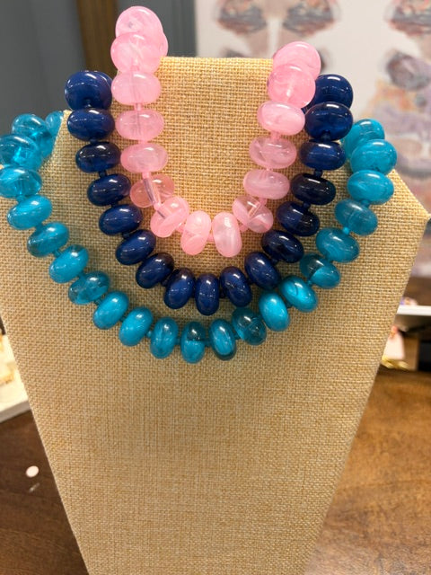 Pink, navy, aqua sugar beaded necklace