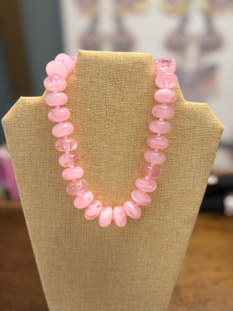 Pink, navy, aqua sugar beaded necklace