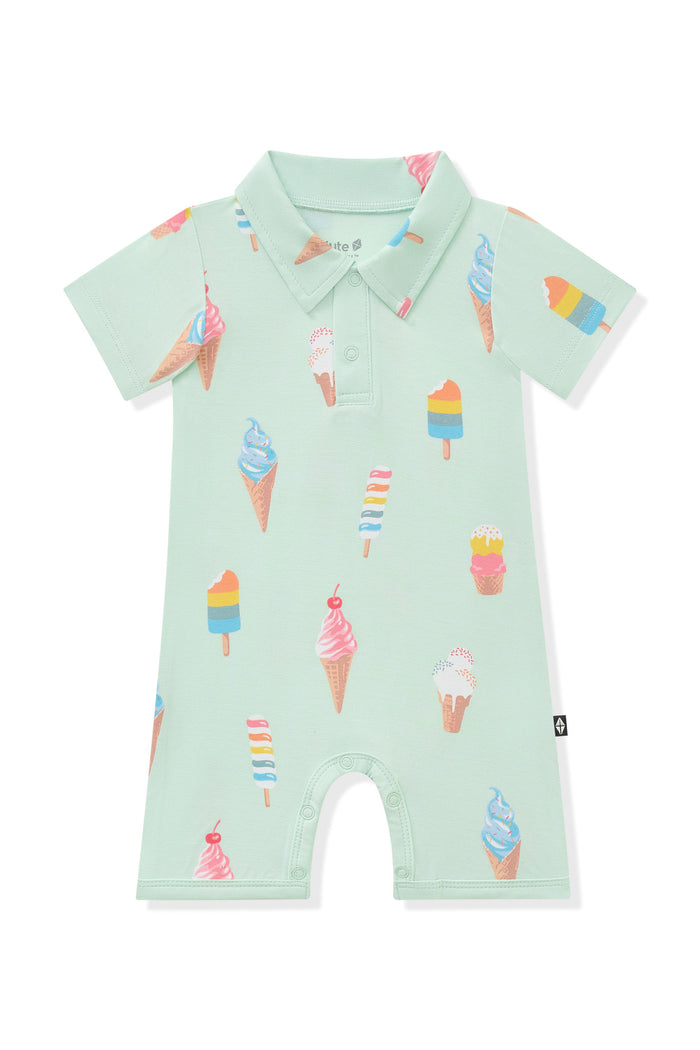 Mint Polo Shortall with Ice Cream print on white background
