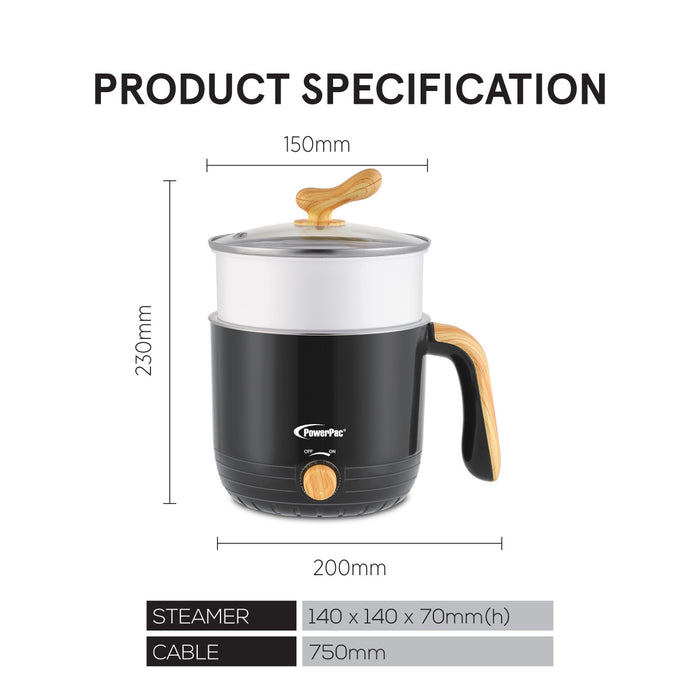 PowerPac 1.2L Stainless Steel Multi Cooker, Steamboat, Steamer (PPJ2012) Black