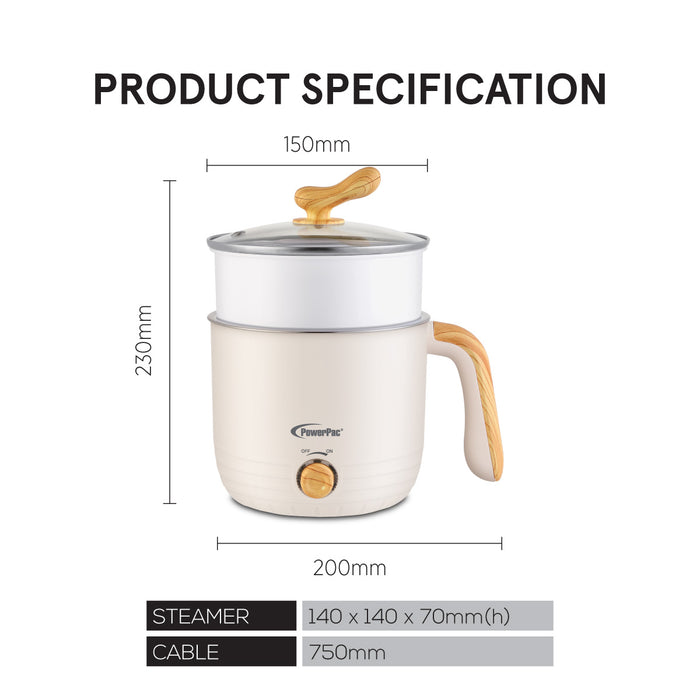 PowerPac 1.2L Stainless Steel Multi Cooker, Steamboat, Steamer (PPJ2012) Black