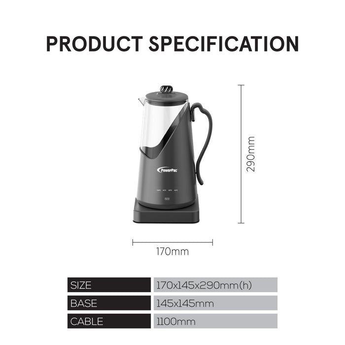 PowerPac 1.5L Digital Kettle Jug, Cordless Kettle Jug with Unbreakable Glass, 4 Temperature Setting (PPJ2031)