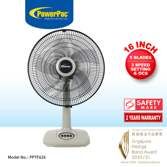 PowerPac 16"  Desk Fan – 5-Blades, High Velocity, Adjustable Tilt, Oscillation, Sturdy, Overheat Protection, 4-Speed, white, PPTF626