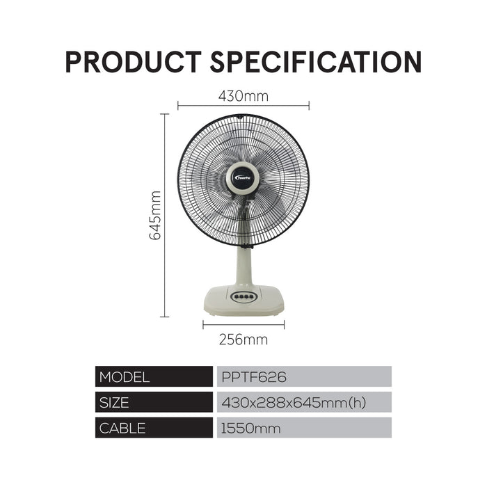 PowerPac 16"  Desk Fan – 5-Blades, High Velocity, Adjustable Tilt, Oscillation, Sturdy, Overheat Protection, 4-Speed, white, PPTF626