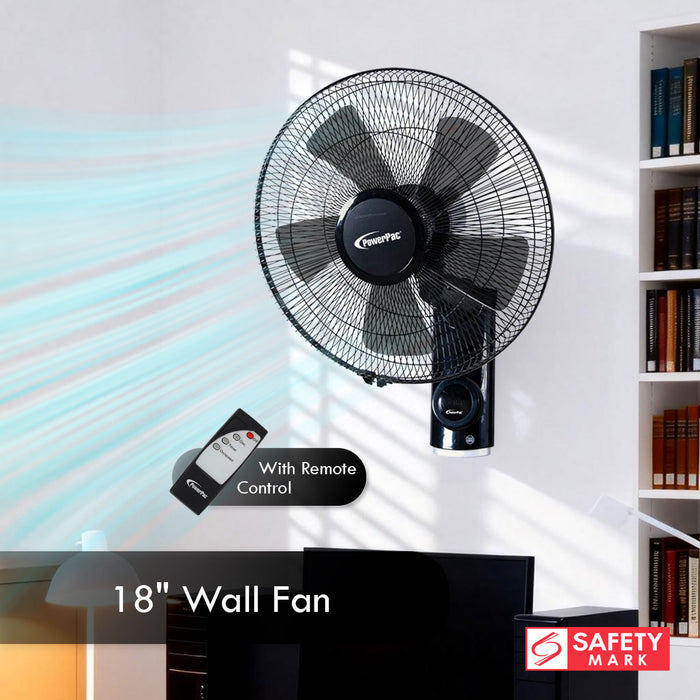 PowerPac 18" Wall Fan – Remote Control, Adjustable Tilt, Oscillation, Safe & Easy Installation, Thermal Protection, 3-Speed, black, PPWF98R