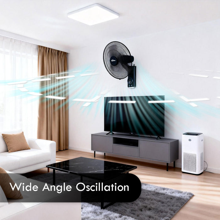 PowerPac 18" Wall Fan – Remote Control, Adjustable Tilt, Oscillation, Safe & Easy Installation, Thermal Protection, 3-Speed, black, PPWF98R
