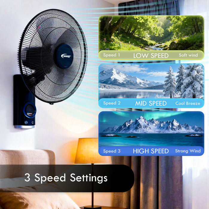 PowerPac 18" Wall Fan – Remote Control, Adjustable Tilt, Oscillation, Safe & Easy Installation, Thermal Protection, 3-Speed, black, PPWF98R