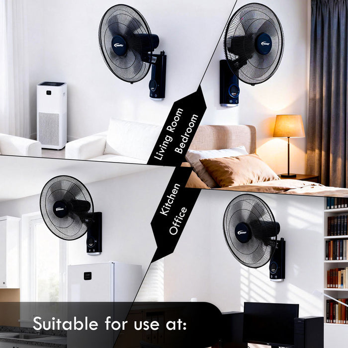 PowerPac 18" Wall Fan – Remote Control, Adjustable Tilt, Oscillation, Safe & Easy Installation, Thermal Protection, 3-Speed, black, PPWF98R