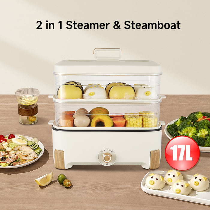 PowerPac 2in1 Multi function 2 Tier Food Steamer & Steamboat, Non-stick Inner Pot, 17L (PPS705)