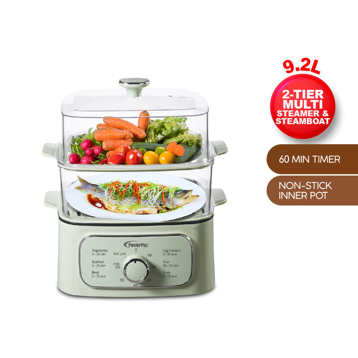 PowerPac 2in1 Multi function 2 Tier Food Steamer & Steamboat, Non-stick Inner Pot, 9.2L (PPS704)