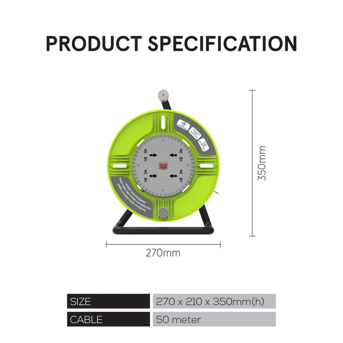 PowerPac Cable Reel 50M Portable Cable Reel, Extension Socket, Power Reel, Power Cord (PP850)