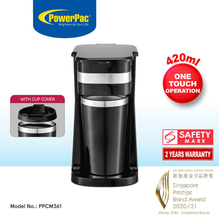 PowerPac Coffee Machine with Mug 420 ml & Aroma Lid Coffee Machine with mesh filter & filter basket (PPCM361)